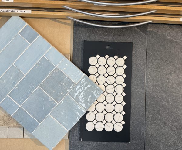 The Selections! — Eureka! Square handcrafted-looking tile in hues of blue, a graphite slate-like floor tile, and a penny tile with diamond accents for the shower floor.