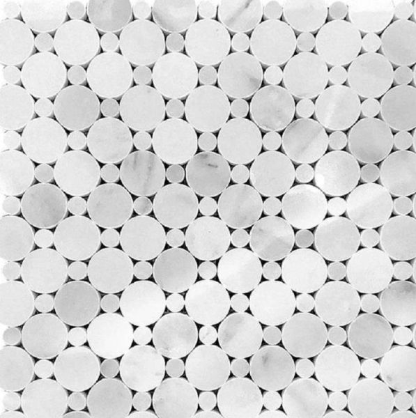 The Inspiration — marble-like penny tile for the shower floor.